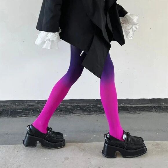 Women's Lolita Fashion Sexy Nylon Gradient Tights Black-Purple-Fuchia NEW - Picture 5 of 6